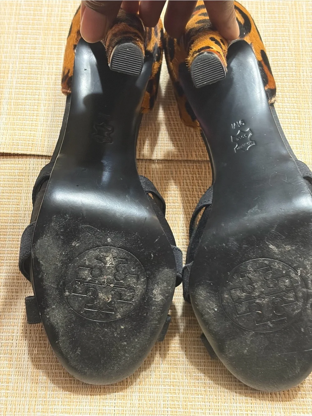 Tory Burch Black Sandals with Leopard Heel Accent